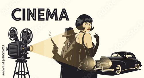 Film Noir Cinema Scene with Detective, Femme Fatale, and Vintage Car