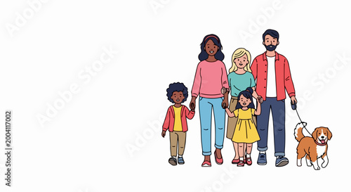 Happy family illustration with diverse parents, children, and golden retriever dog. Modern flat design family portrait for lifestyle branding and social media content.