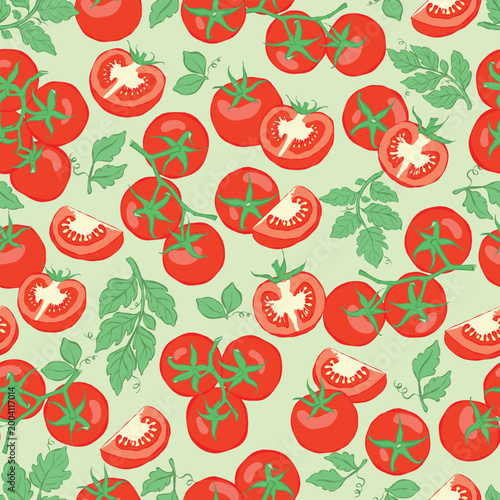 Hand Drawn Tomato Seamless Pattern Vector Illustration on green background