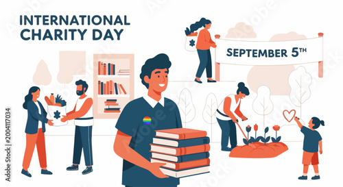 International Charity Day illustration with volunteers distributing books and supplies. September 5th charity event features diverse community helpers and heartwarming donations.