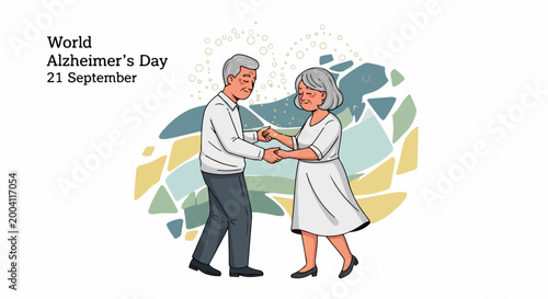 World Senior Citizens Day illustration with elderly couple embracing, hand-holding, and smiling. Vector art featuring cheerful senior man and woman on colorful background.