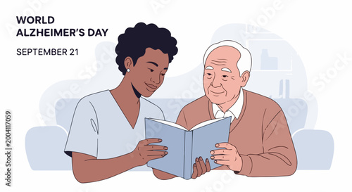World Alzheimers Day illustration with elderly person reading book and caregiver supporting arm. Alzheimer awareness concept featuring compassionate care and memory support.