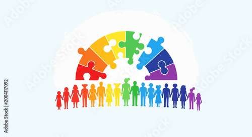 Colorful puzzle pieces forming circle with diverse people icons inside. Vector illustration for teamwork, unity, and collaboration concept.