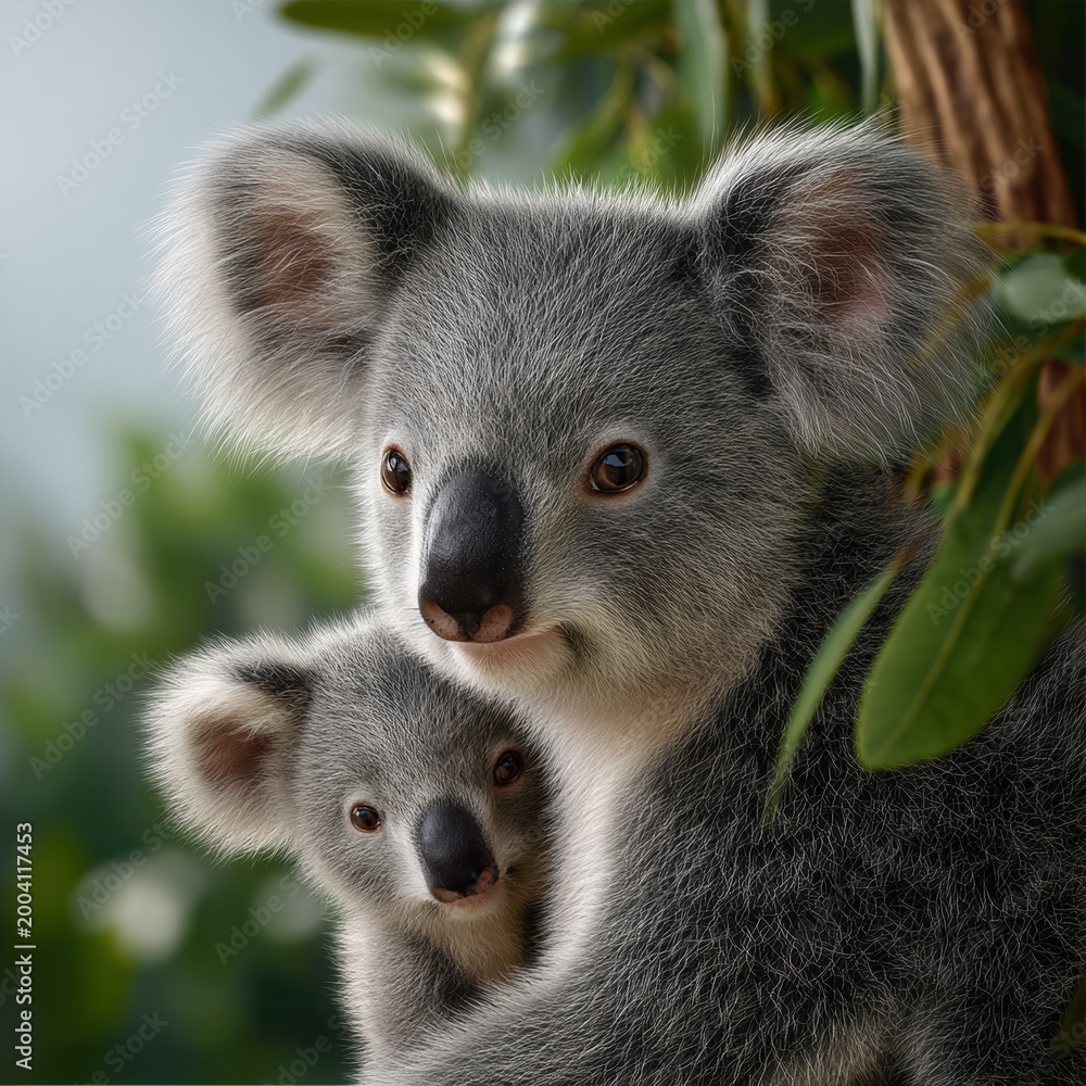 Fototapeta premium Koala baby animal marsupial fur tree leaf Australia wildlife nature. Koala and baby cuddling tree branch surrounded by green leaves soft fur