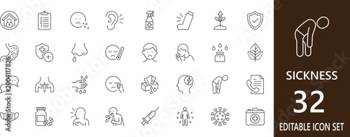 Sickness outline icon set for  coronavirus, cough, medicine, symptoms, illness, disease, sickness, and drugs.