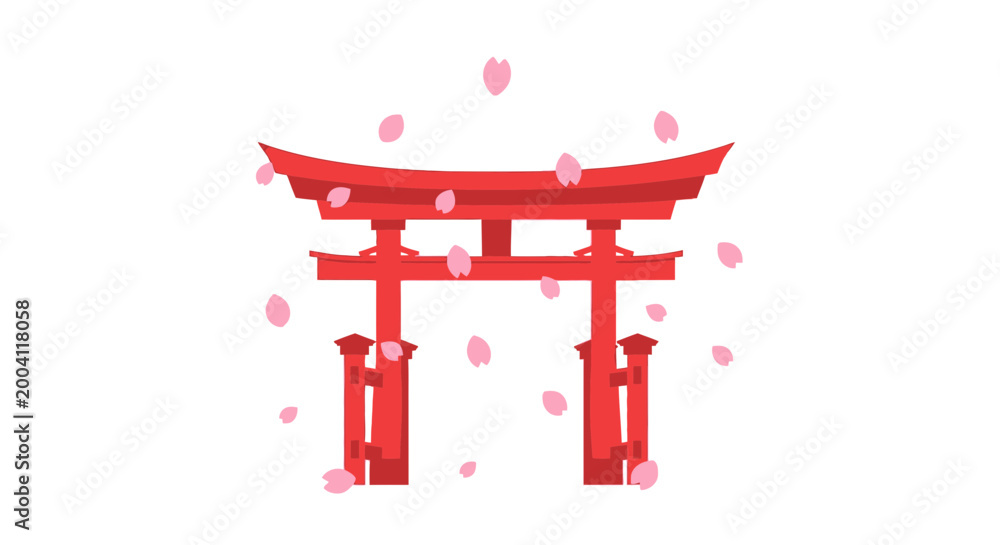 Fototapeta premium 桜の花びらが舞う中に、伝統的な鳥居の赤い門が立っている風景。