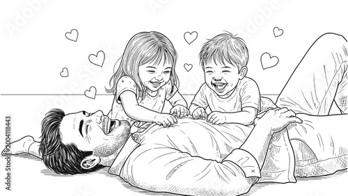 Father Lying on Floor Laughing and Playing with Two Happy Children – Father's Day Coloring Illustration