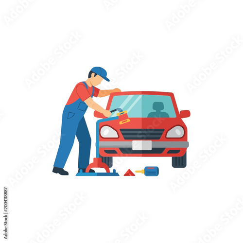 自動車整備士が車の点検や修理を行っている様子を描いたイラストです。