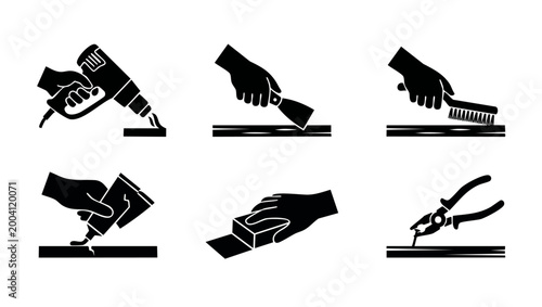 Handyman Repair Tools Icons Set for Home Improvement and Construction Work. Black silhouette collection featuring heat gun, putty knife, wire brush, sealant, sanding block, and pliers for DIY projects