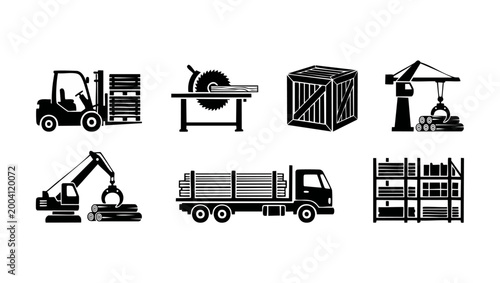 Industrial Logistics and Woodworking Icons Set for Warehouse and Construction Projects featuring Forklifts, Cranes, Cargo Crates, Timber Transportation, and Sawmill Machinery Equipment Vector Graphics