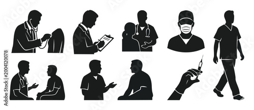 Medical Doctor Silhouette Icon Set, Healthcare Professional and Patient Consultation, Stethoscope and Injection, Hospital Staff Collection, Black and White Graphic Vector Illustration for Clinical Des
