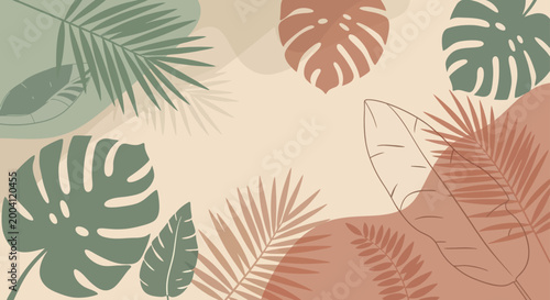 Modern botanical illustration featuring an abstract arrangement of tropical palm and monstera leaves in a soothing earthy color palette, ideal for summer backgrounds and minimalist design