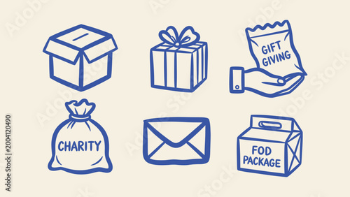 Blue hand-drawn icon set featuring donation boxes, charity sacks, and gift packages. Ideal for humanitarian aid and community support visuals