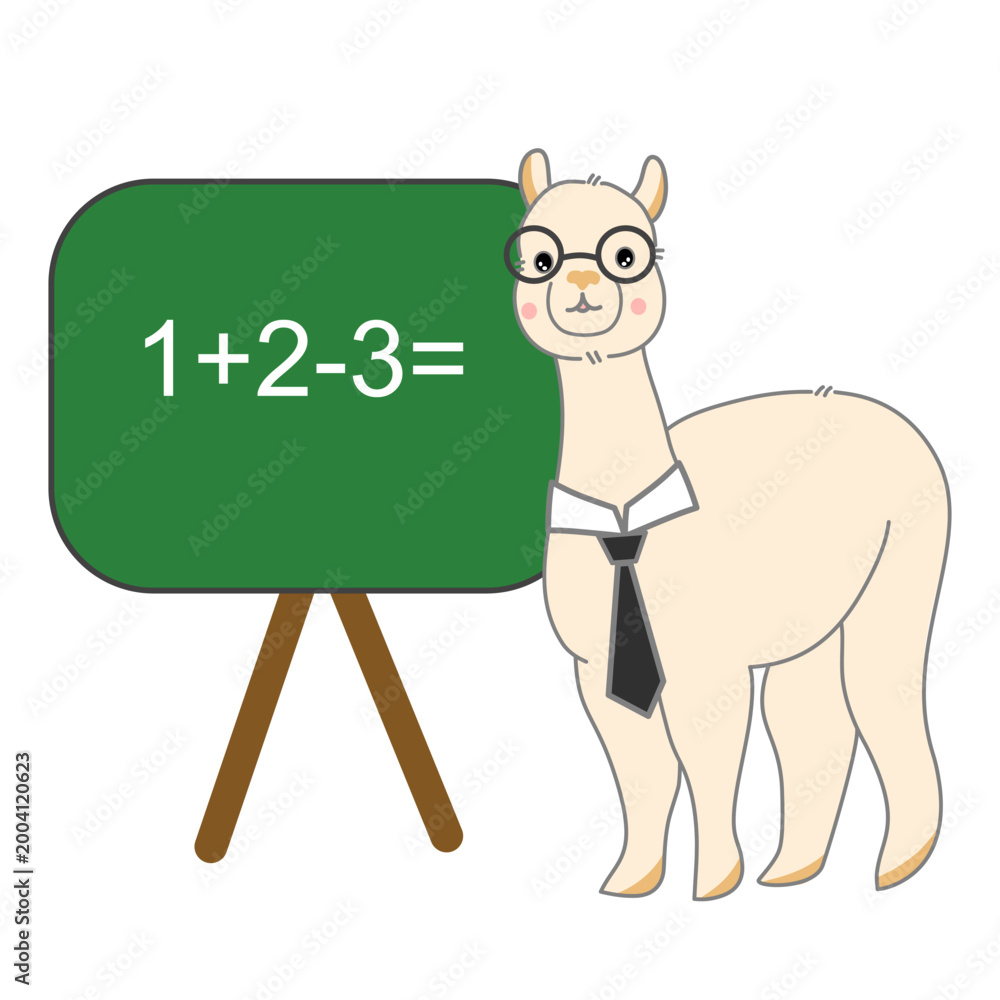 Obraz premium Cute Nerd Alpaca Teacher Standing Next to Green Chalkboard with Math Equation Illustration