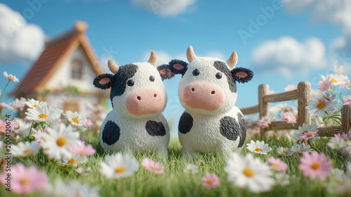 English: Clay Little Cows in Spring Pastoral