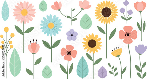 Collection of delicate, stylized floral illustrations in a variety of soft pastel colors, perfect for spring and summer themes