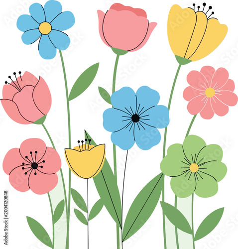 A vibrant bouquet of illustrated spring flowers showcasing the beauty and joy of nature's colorful bloom, perfect for fresh designs and cheerful artistic projects
