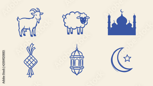 Islamic festival vector icon set with goat, sheep, mosque, ketupat, lantern, and crescent moon. Representing Eid al-Adha and Ramadan traditions