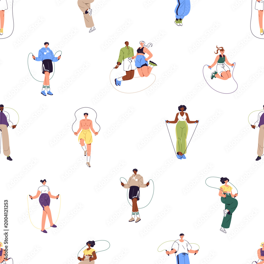 Fototapeta premium Repeatable pattern of people rope skipping. Endless background of young men and women jumping, leaping, hopping with sports equipment, having fun and training. Flat seamless vector illustration