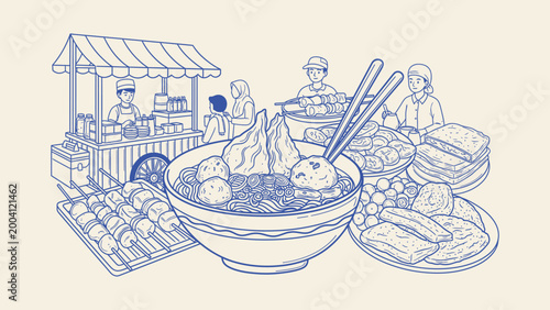 Indonesian street food illustration with bakso bowl, satay skewers, and food cart. Representing traditional Asian culinary culture and local market snacks