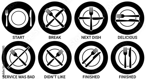 Dining etiquette icon set with cutlery language and table manners
