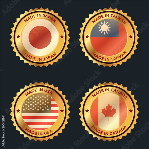 Golden Made in Japan, Taiwan, USA, Canada Label Set – Premium Luxury Gold Badge Stickers with Flag Elements Vector Collection