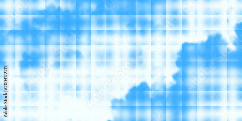 Halftone cloud background. White dotted clouds in blue sky. Comic pop art heaven wallpaper for banner, collage, poster, leaflet, brochure. Rasterized smoke, smog or fog texture. Vector illustration