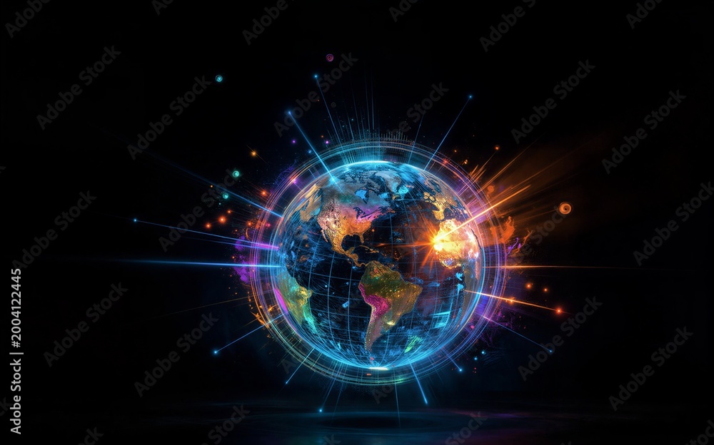 Obraz premium Vibrant digital Earth surrounded by glowing data streams and cosmic