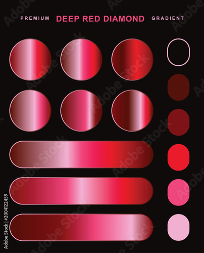 Deep red diamond gradient color palette set. Features metallic circular swatches and elongated button bars on a black background for UI design.