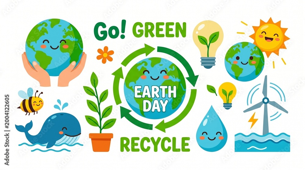 Fototapeta premium Cute Earth Day Vector Set with Eco-Friendly Icons and Environmental Conservation Elements for Sustainable Lifestyle