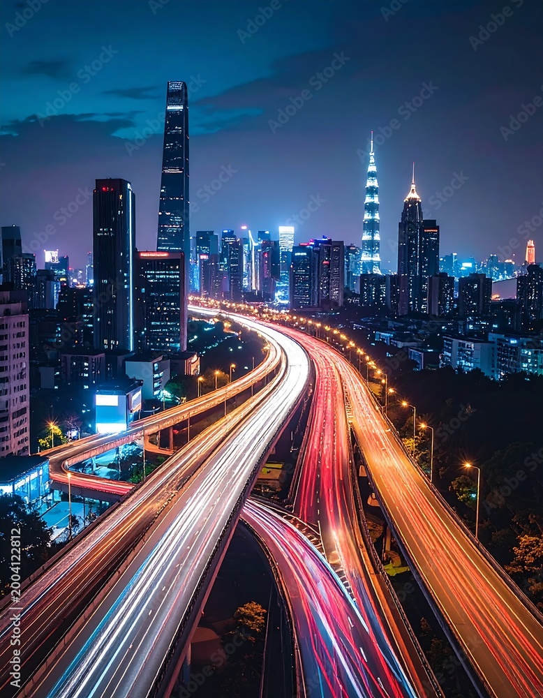 Fototapeta premium Cityscape at night with glowing traffic trails