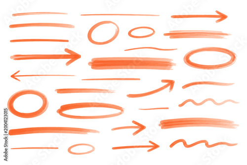 Red translucent marker brush strokes set, hand drawn highlight lines circles arrows and pointers isolated on transparent background