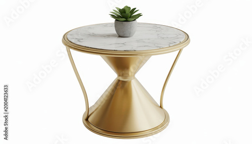 Round side table featuring a white marble surface, gold metal frame and succulent on white ground