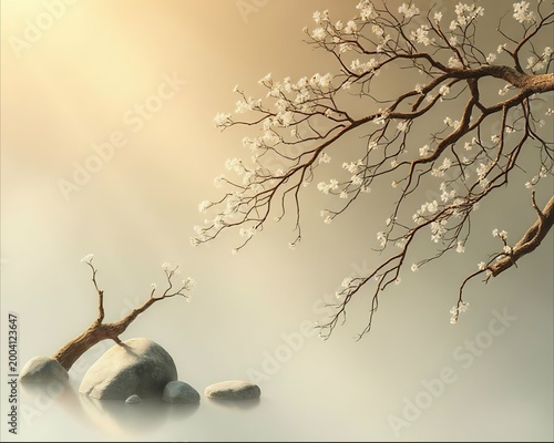 Elegant blooming cherry blossom branch with rocks in soft misty background