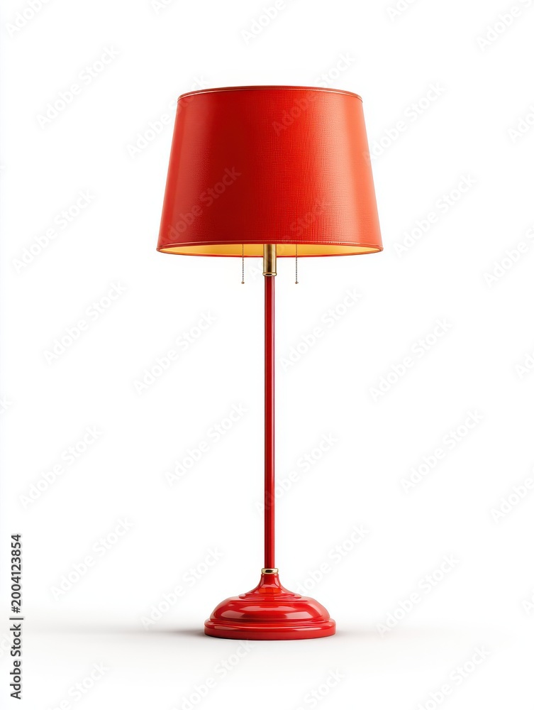Obraz premium Elegant Red Floor Lamp With Golden Accents Illuminated On White Background With Soft Shadow