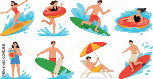 Foto Summer beach activities set, surfing swimming sunbathing floating fun vacation c