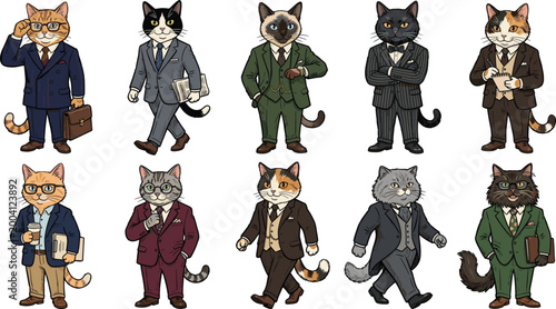 Dapper Cat Vector Set in Suits with Briefcases and Stylish Accessories for Business, Professional, and Fashionable Cat Design