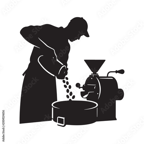 Professional Coffee Roaster Man Silhouette Pouring Fresh Beans Into Roasting Machine Drum. 