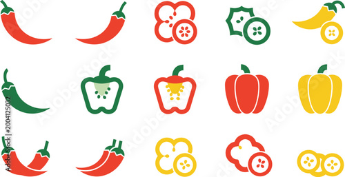 Chili and Bell Pepper Icon Set with Various Colorful Illustrations for Websites, Apps, and Digital Media Designs