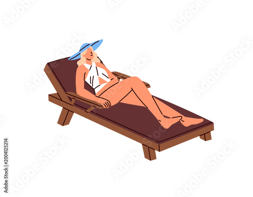 Young woman in bikini is lying and sunbathing in chaise lounge. Girl relaxes on deck chair on beach in sea resort. Tourist gets sun tan on summer vacations. Flat isolated vector illustration on white