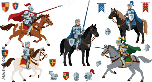 Medieval Knight and Horse Vector Set with Shields, Spears, Armor, and Banners for Historical, Fantasy, and Battle Design