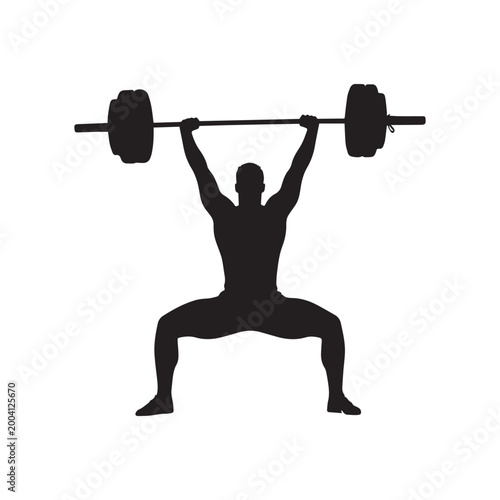 Strong Weightlifter Silhouette Lifting Heavy Barbell Overhead Isolated On A White Background. 