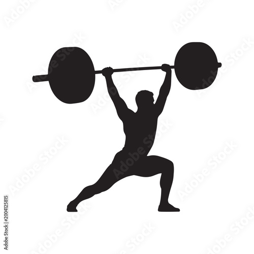 Strong Weightlifter Silhouette Lifting Heavy Barbell Overhead Isolated On A White Background. 