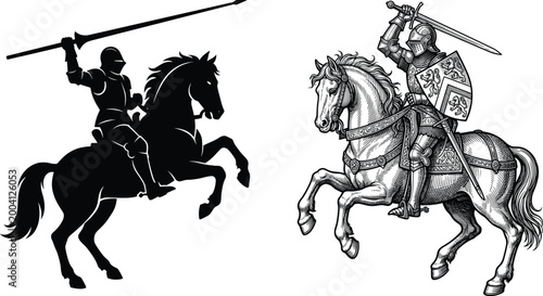 Medieval Knight on Horseback Vector Set with Spear and Sword for Historical, Battle, and Fantasy Design