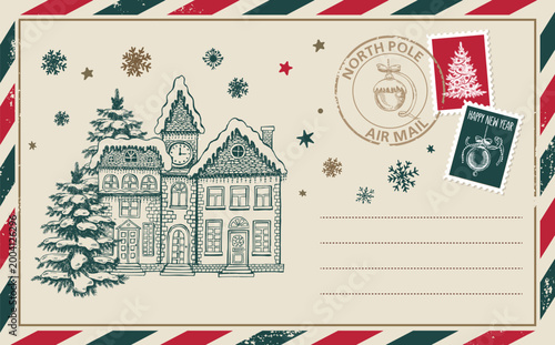 Vintage Christmas Postcard with Tree and houses and Stamps	
