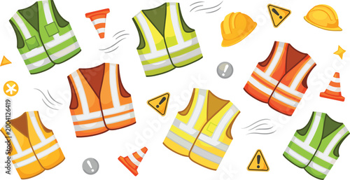 High Visibility Safety Vest Icon Set with Traffic Cones, Warning Signs, and Hard Hats for Websites, Apps, and Digital Media Designs