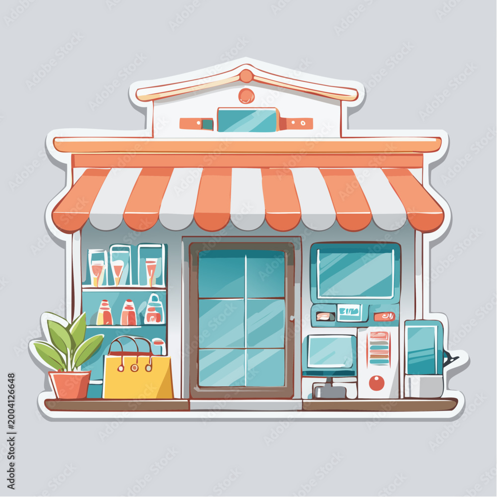 Obraz premium Cute Cartoon Storefront with Products and Computer