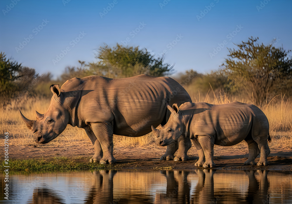 Fototapeta premium Majestic white rhinoceros family in african savanna a mother and calf bonding moment by the water's edge
