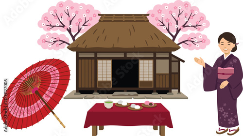 Traditional Japanese Scene Vector Set with Kimono, Cherry Blossom, Tea Ceremony, and Cultural Elements