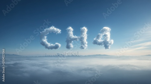 Clouds form CH4 letters in a blue sky, a visual metaphor for methane emissions and climate change